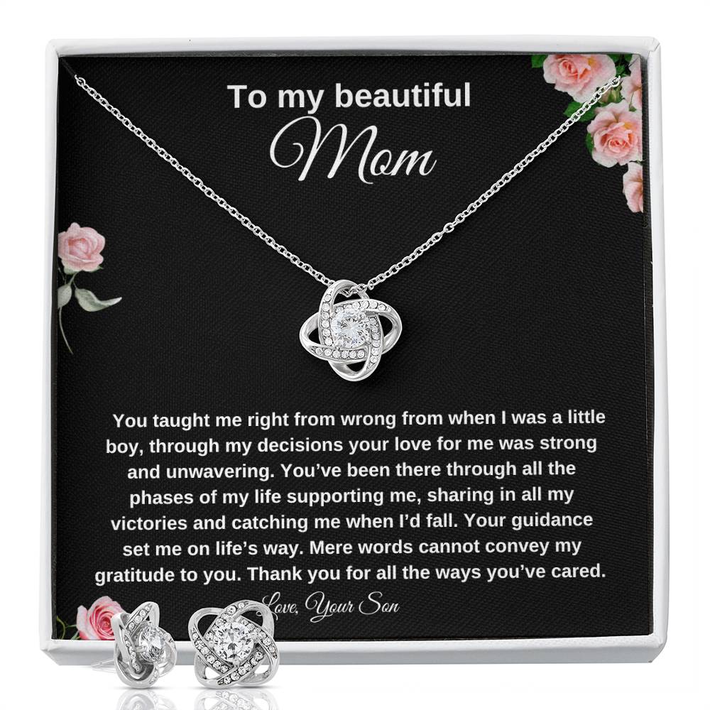 To My Beautiful Mom | Love Knot Earring & Necklace Set| Mother's Day Gift| Birthday Gift for Mom