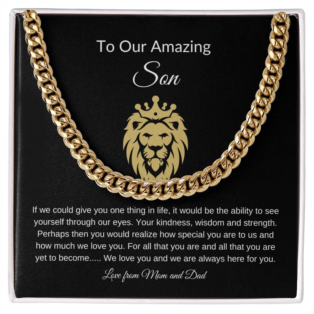 To Our Amazing Son with Lion Image| Cuban Link Chain| Gift to Son from Mom and Dad| Birthday Gift to Son|