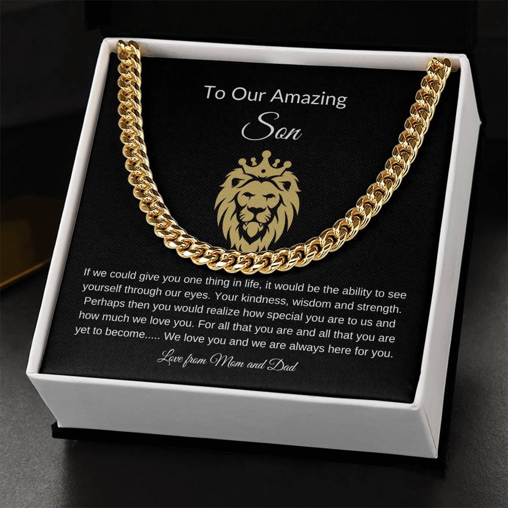 To Our Amazing Son with Lion Image| Cuban Link Chain| Gift to Son from Mom and Dad| Birthday Gift to Son|