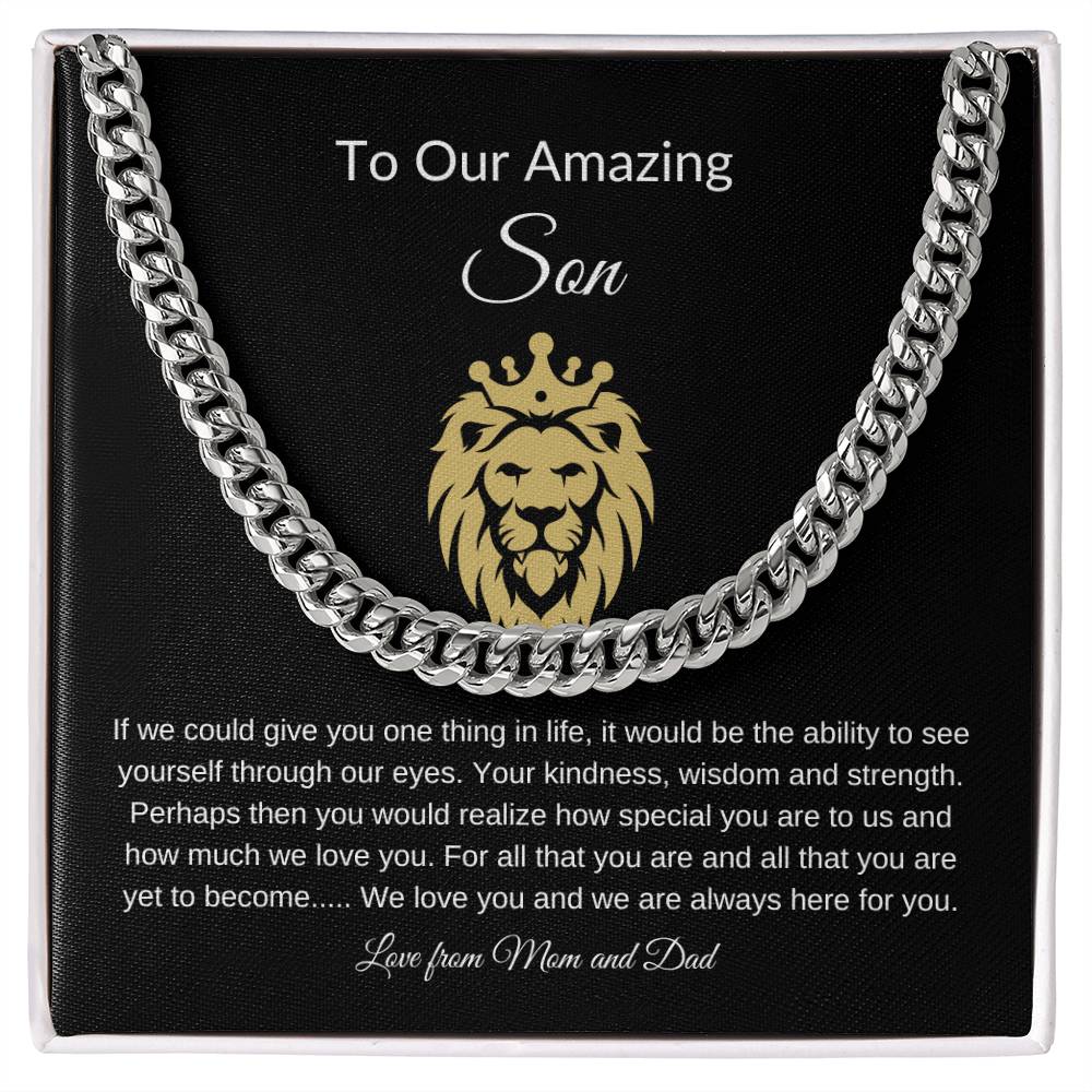 To Our Amazing Son with Lion Image| Cuban Link Chain| Gift to Son from Mom and Dad| Birthday Gift to Son|