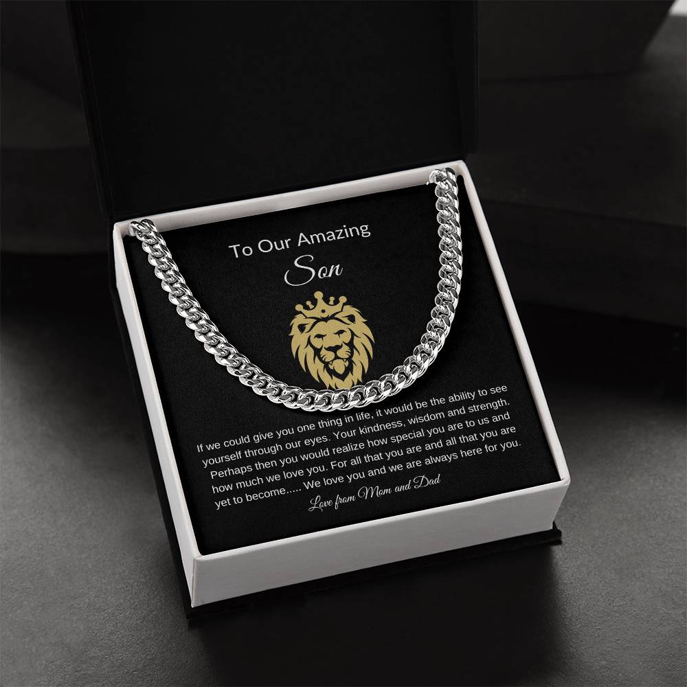 To Our Amazing Son with Lion Image| Cuban Link Chain| Gift to Son from Mom and Dad| Birthday Gift to Son|