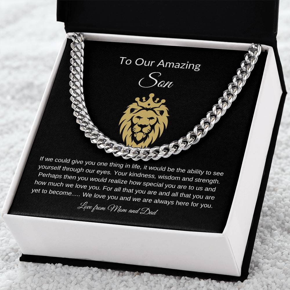To Our Amazing Son with Lion Image| Cuban Link Chain| Gift to Son from Mom and Dad| Birthday Gift to Son|