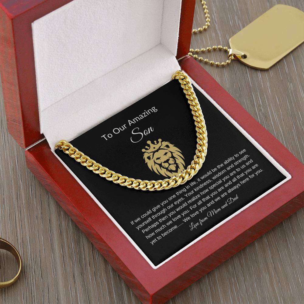 To Our Amazing Son with Lion Image| Cuban Link Chain| Gift to Son from Mom and Dad| Birthday Gift to Son|