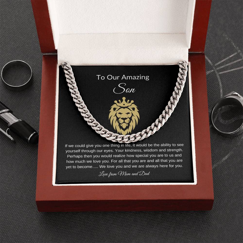 To Our Amazing Son with Lion Image| Cuban Link Chain| Gift to Son from Mom and Dad| Birthday Gift to Son|