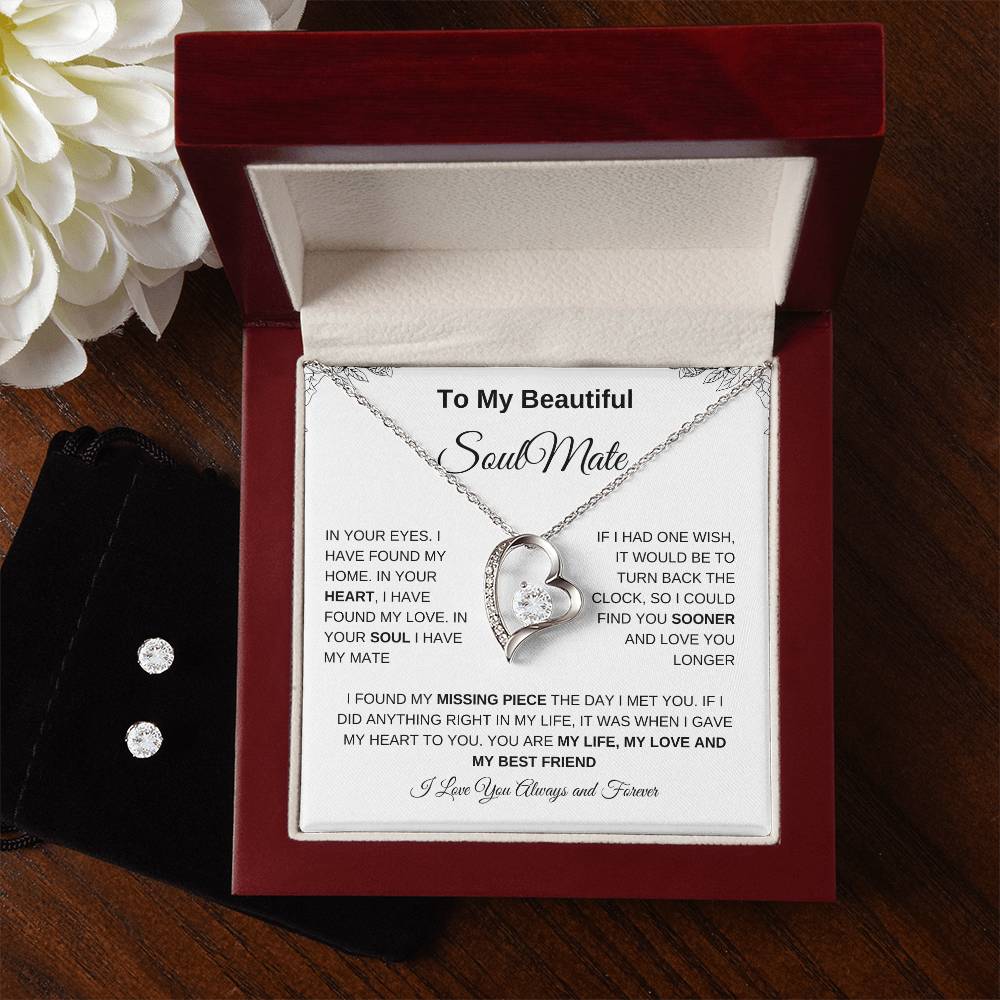 To My Beautiful Soulmate | Forever Love Necklace + Clear CZ Earrings| Gift to Wife| Birthday Gift to Wife| Mother's Day Gift| Anniversary Gift to Wife