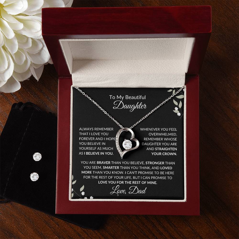 To My Beautiful Daughter from Dad | Forever Love Necklace + Clear CZ Earrings| Gift to Daughter from Dad| Birthday Gift from Dad to Daughter
