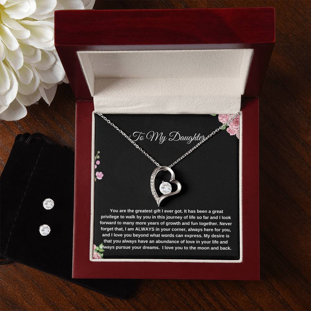 To My Daughter | Forever Love Necklace + Clear CZ Earrings| Gift to Daughter| Birthday Gift to Daughter