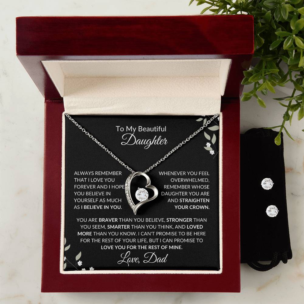 To My Beautiful Daughter from Dad | Forever Love Necklace + Clear CZ Earrings| Gift to Daughter from Dad| Birthday Gift from Dad to Daughter