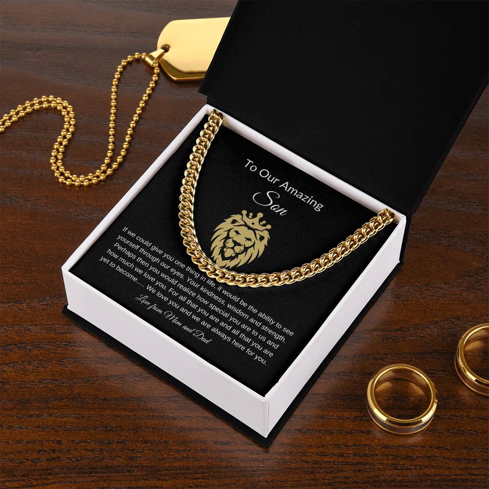 To Our Amazing Son with Lion Image| Cuban Link Chain| Gift to Son from Mom and Dad| Birthday Gift to Son|