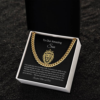 To Our Amazing Son with Lion Image| Cuban Link Chain| Gift to Son from Mom and Dad| Birthday Gift to Son|