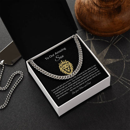 To Our Amazing Son with Lion Image| Cuban Link Chain| Gift to Son from Mom and Dad| Birthday Gift to Son|
