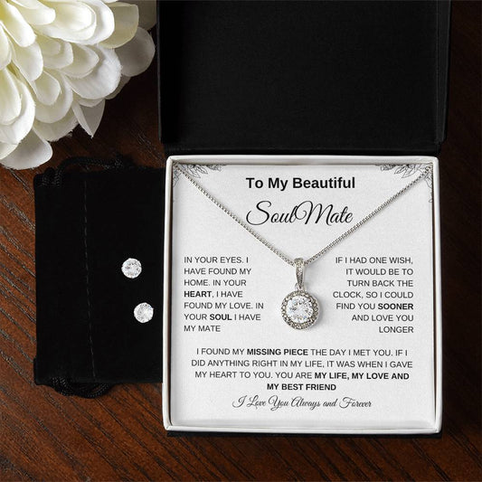 To My Beautiful Soulmate | Eternal Hope Necklace + Clear CZ Earrings| Gift to Wife | Wedding Anniversary Gift to Wife| Birthday Gift to Wife