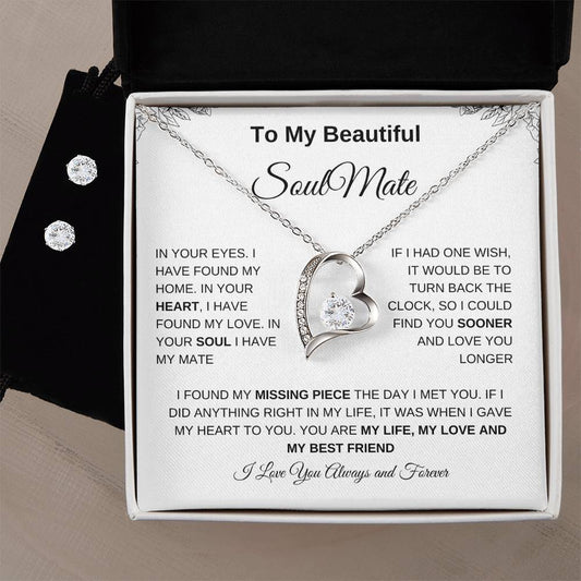 To My Beautiful Soulmate | Forever Love Necklace + Clear CZ Earrings| Gift to Wife| Birthday Gift to Wife| Mother's Day Gift| Anniversary Gift to Wife