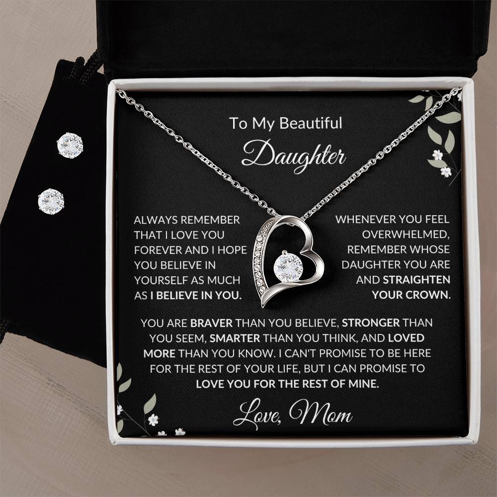 To My Beautiful Daughter from Mom | Forever Love Necklace + Clear CZ Earrings| Mother's Day Gift| Gift for Mom| Birthday Gift for Mom