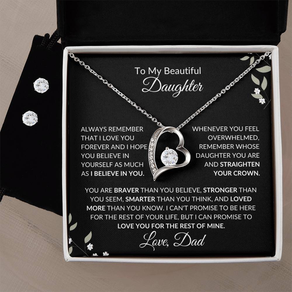 To My Beautiful Daughter from Dad | Forever Love Necklace + Clear CZ Earrings| Gift to Daughter from Dad| Birthday Gift from Dad to Daughter