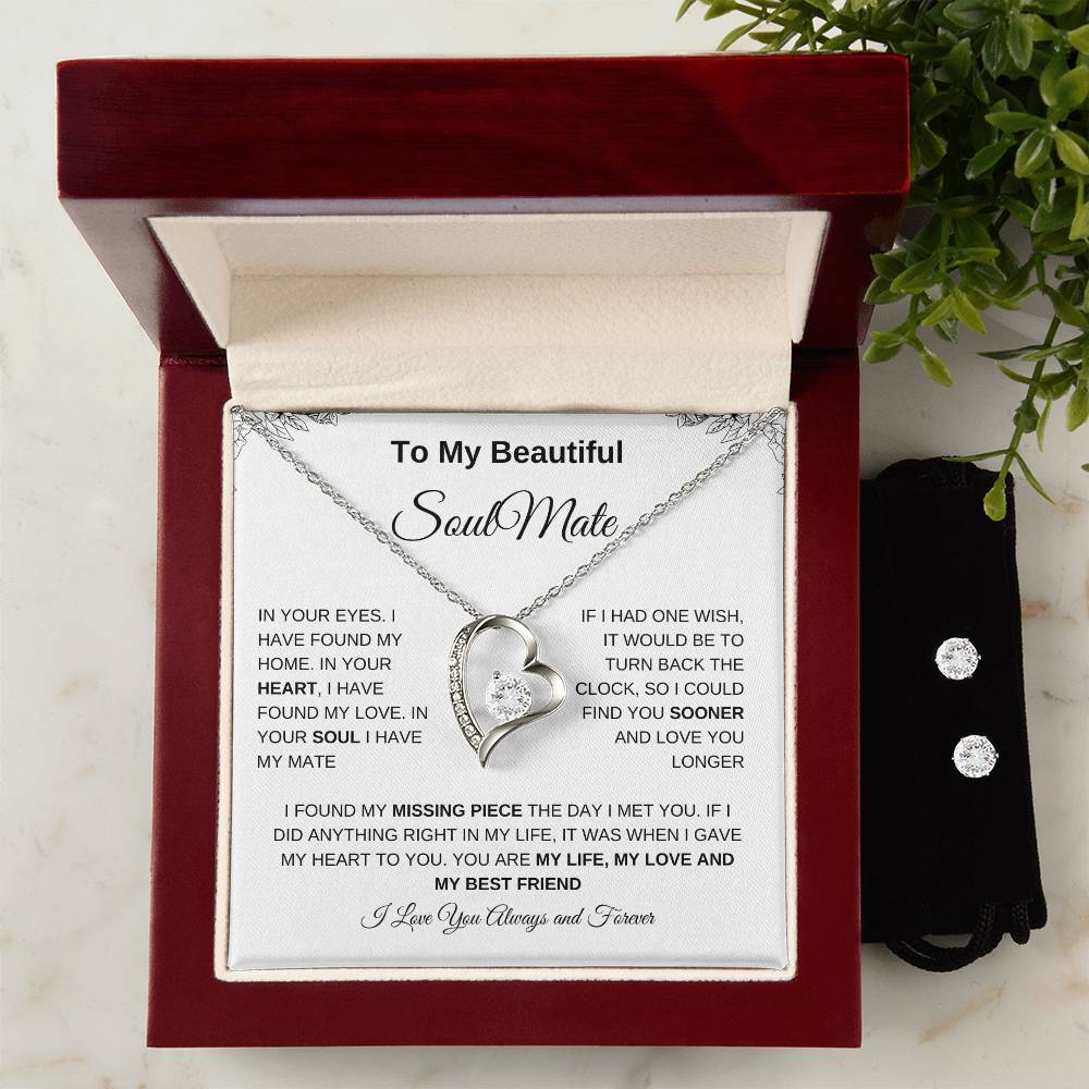To My Beautiful Soulmate | Forever Love Necklace + Clear CZ Earrings| Gift to Wife| Birthday Gift to Wife| Mother's Day Gift| Anniversary Gift to Wife